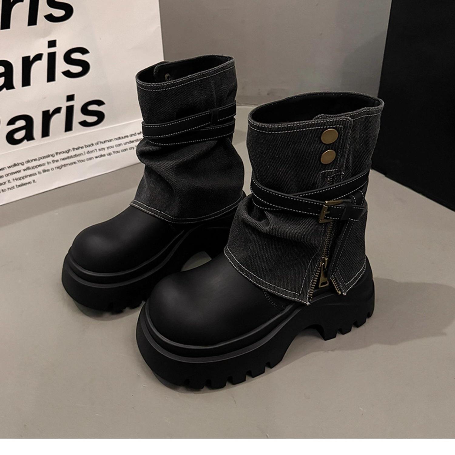 

[Fanfna] 2025 autumn new thick-soled heightening Martin boots women s high-end fried street super fire British short boots 40 чорний