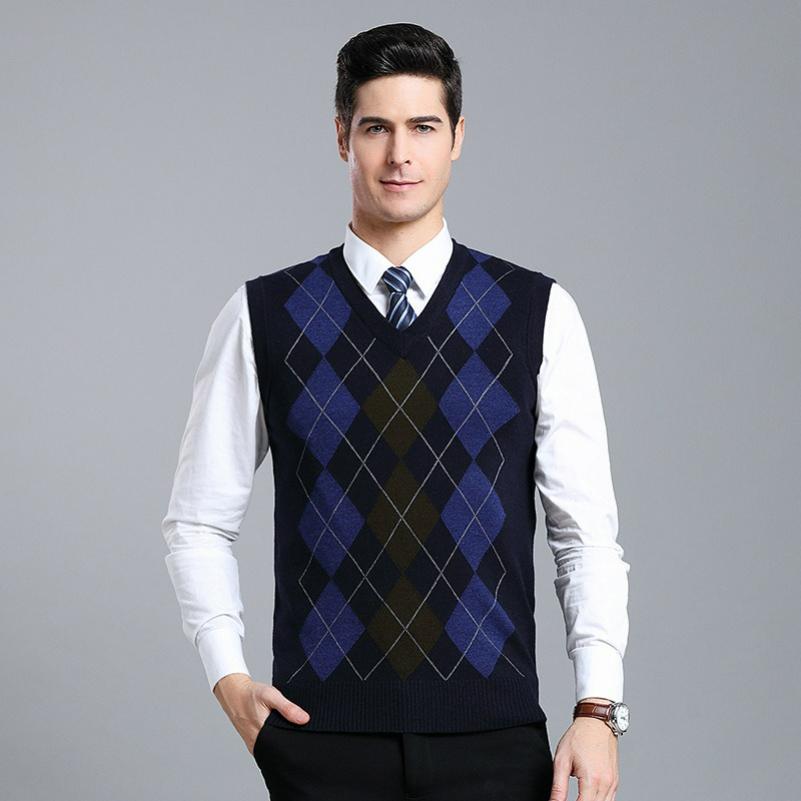 Wollweste mit V-Ausschnitt, Ärmellose Strickweste mit Rautenmuster, Pullover, Herrenweste, Gentleman-Stil, Business-Gentleman