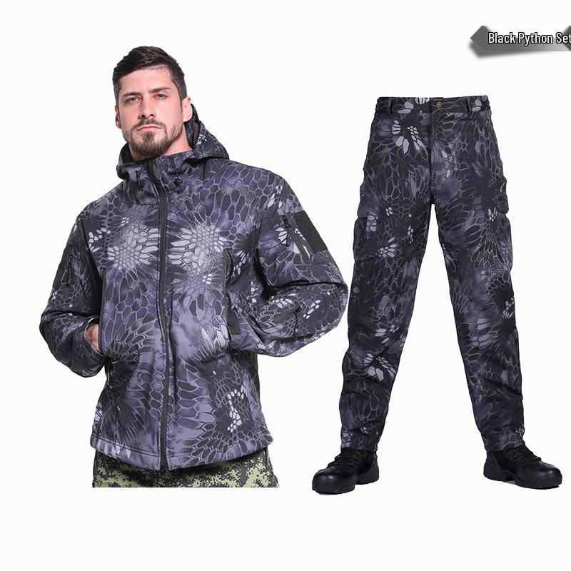 Alpha Green Tactical Sharkskin Waterproof Ski Suit: Camouflage Soft Shell Pants & Warm Fleece Set