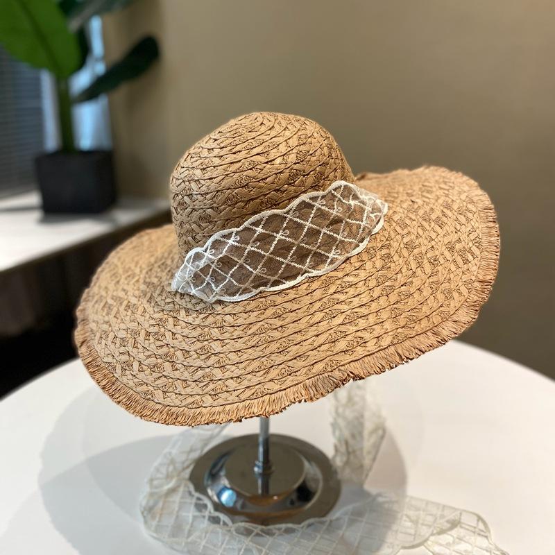 Women's Summer Lace Straw Woven Hat Breathable Sun Protection Hat Beach Vacation Wide Brim Sun Hat