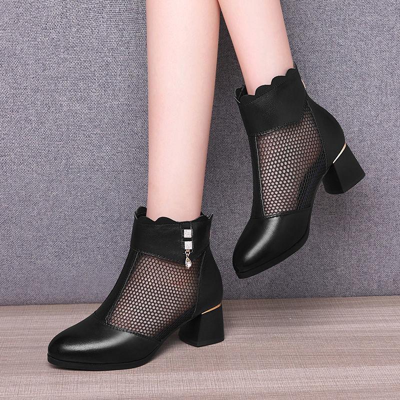 Real Soft Leather Mesh Cool Boots New Spring and Summer Middle Heel Breathable Soft Sole Low Heel Non-slip Round Head Thick Heel Sandals Women