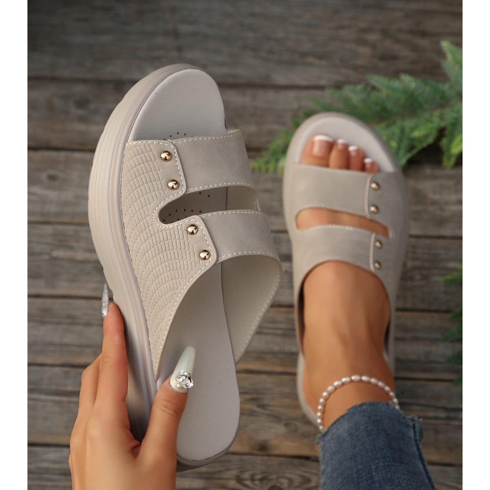 Summer Thick Bottom Slippers Women's Open Toe Solid Colour Casual Shoes Retro Round Head Non-slip Wedges Sandals