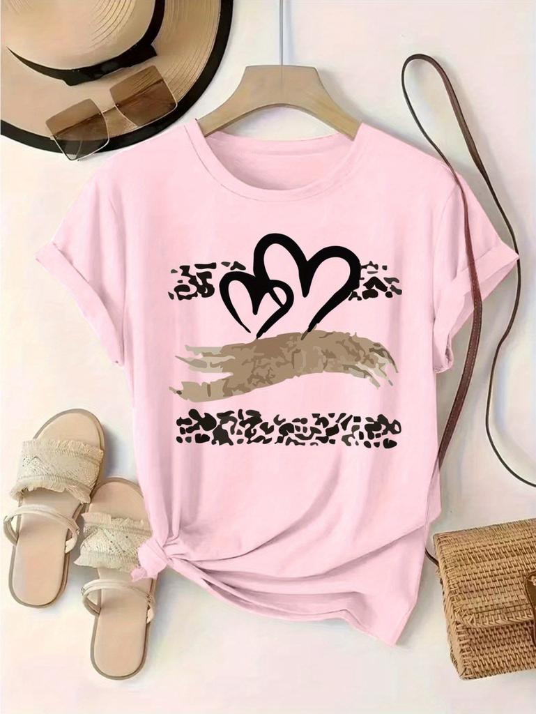 Vintage Letter Leopard Graphics Print Casual Summer Women's Short Sleeve T-Shirt Round Neck Y2k Tops Versatile Female Clothing