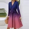 Women's Fashion Casual V-Neck Long Sleeve Waist Gradient Printed Midi Dress