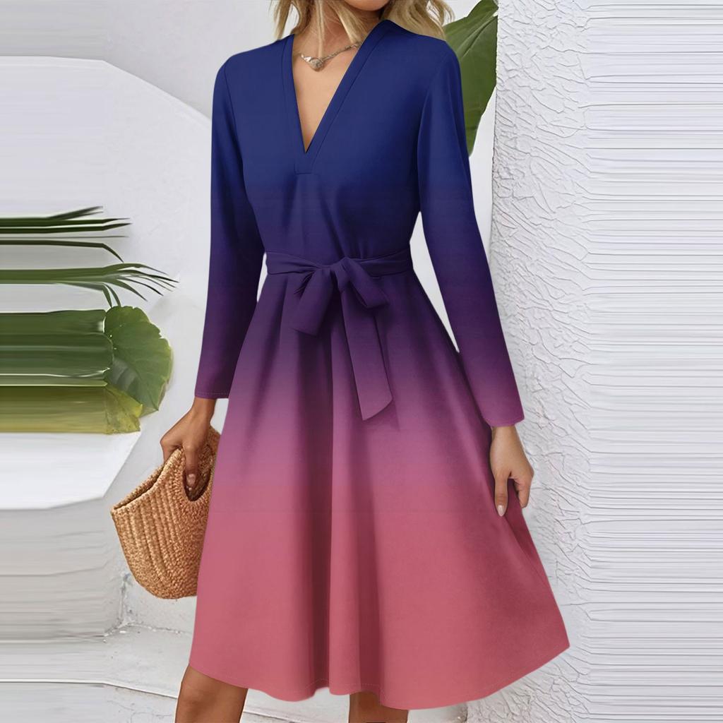 Women's Fashion Casual V-Neck Long Sleeve Waist Gradient Printed Midi Dress