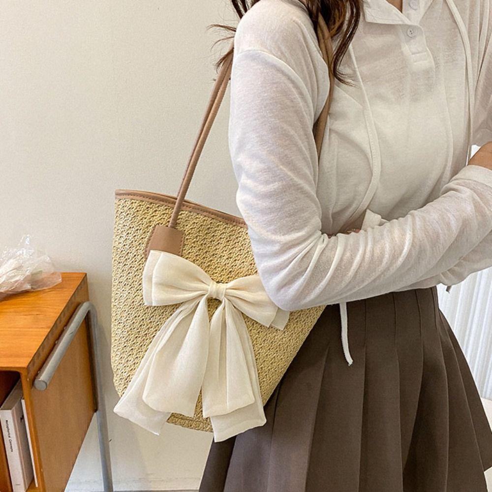 

Корейский стиль, соломенная сумка-тоут с бантом, женская тканая сумка с лентой, повседневная соломенная сумка на плечо, женская сумка