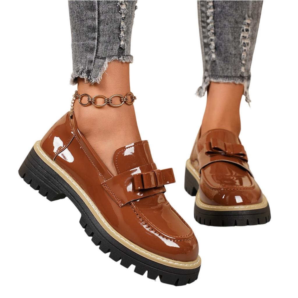 Womens Platform Loafers with Bow Accent Slip On Chunky Sole British Style Dress Shoes Comfortable Casual Footwear