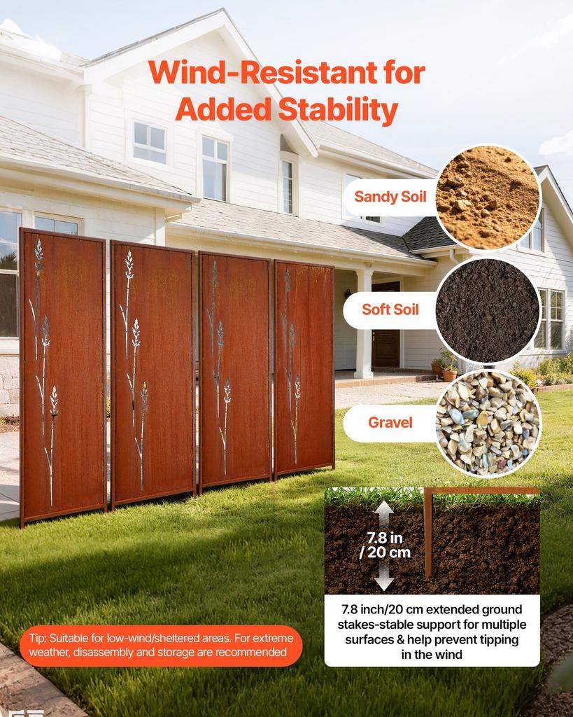Metal Privacy Screen, 50 x 160 cm Freestanding Modern Privacy Fence, Garden Divider Panel with Extended Ground Stakes & Carbon Steel Plate,