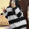 Women's Autumn/Winter Soft Striped Imitation Mink Fur Sweater, Loose Mid-Length Knitwear.