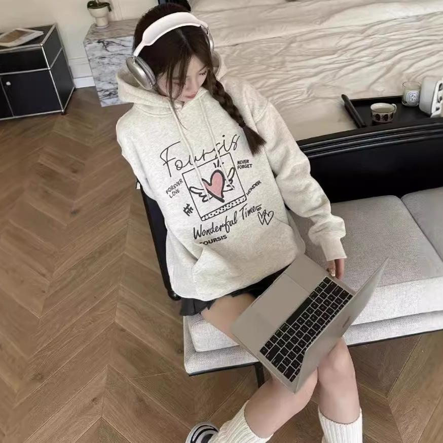 Hong Kong Style Love Printing Loose Large Size Hooded Sweater Female Senior Sense Niche Student Velvet Jacket Ins