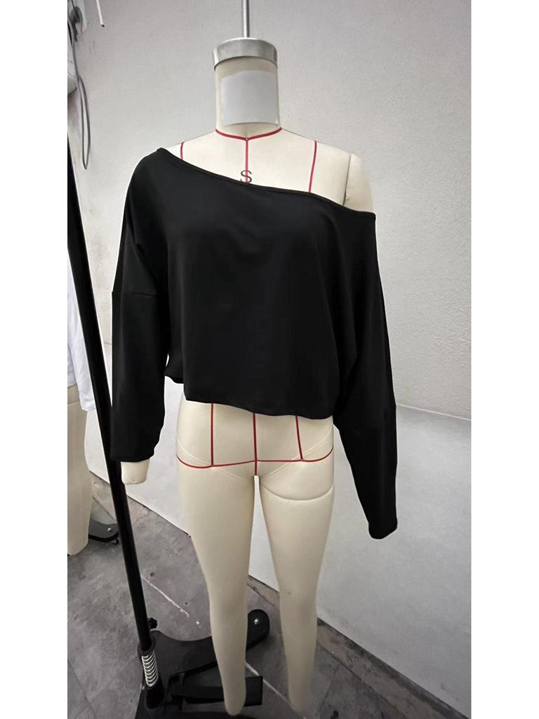 2025 New European/American Off-the-Shoulder Loose Long Sleeve Crop Top