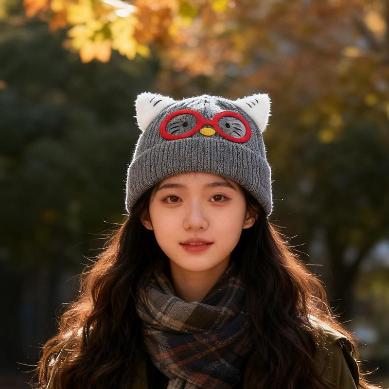 Cute Glasses Cat Ears Hat Women's Autumn and Winter Warm Ear Protection Knitted Hat Showing Face Small Wool Cold Hat