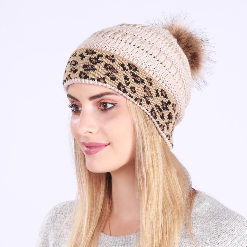 New Rolled Up Thickened Warm Knitted Cap  Winter Woolen Cap  Leopard Print Fashionable Pile Cap