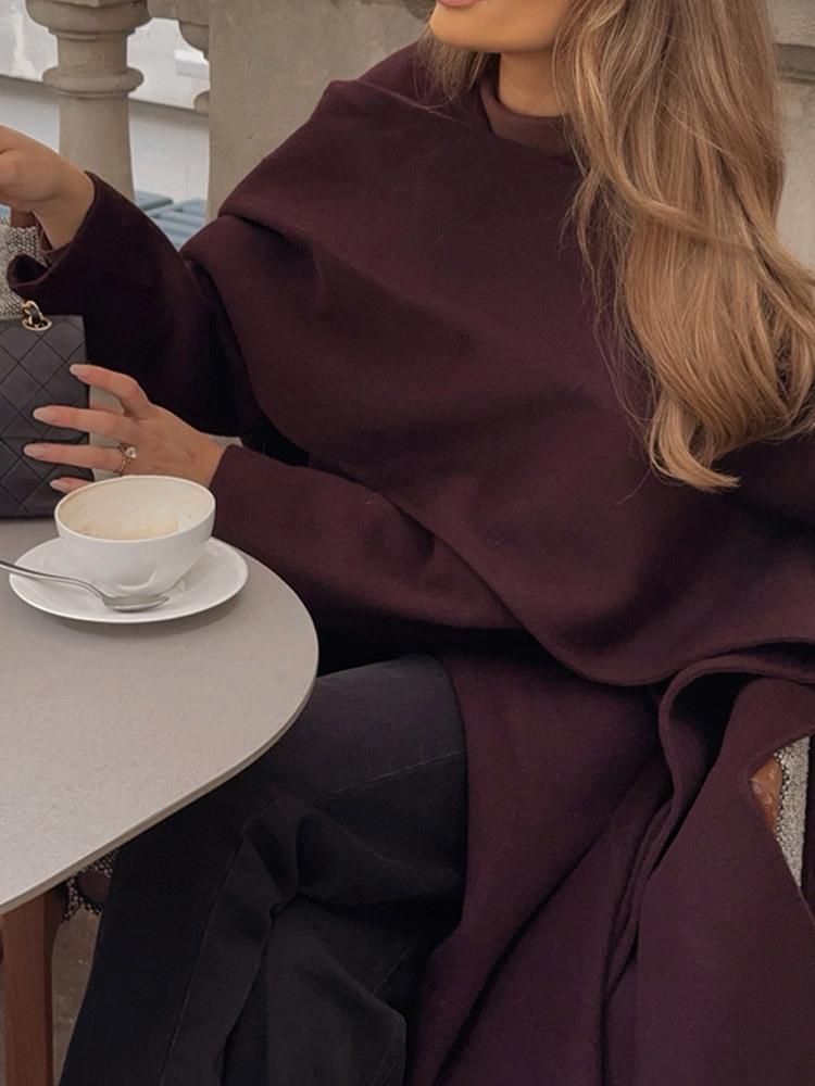 2024 Elegant Solid Woolen Belted Coat with Scarf for European and American Casual Street Fashion