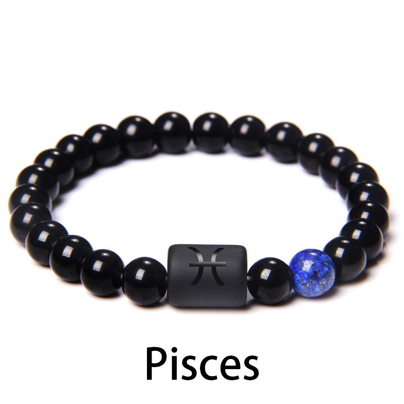 

12 Созвездий Знаки Зодиака Бусины Браслет Для Пар Натуральный Черный Оникс Камень Эластичный Браслет для Женщин Мужчин Подарок На День Рождения