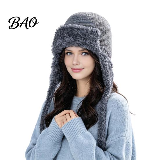 Travel Essential Headgear Women Trapper Hat, Wool Blend Knitted Hat with Ear Flaps, Fuzzy Cold Weather Headwear Trim, Warm Winter Knit for Hiking
