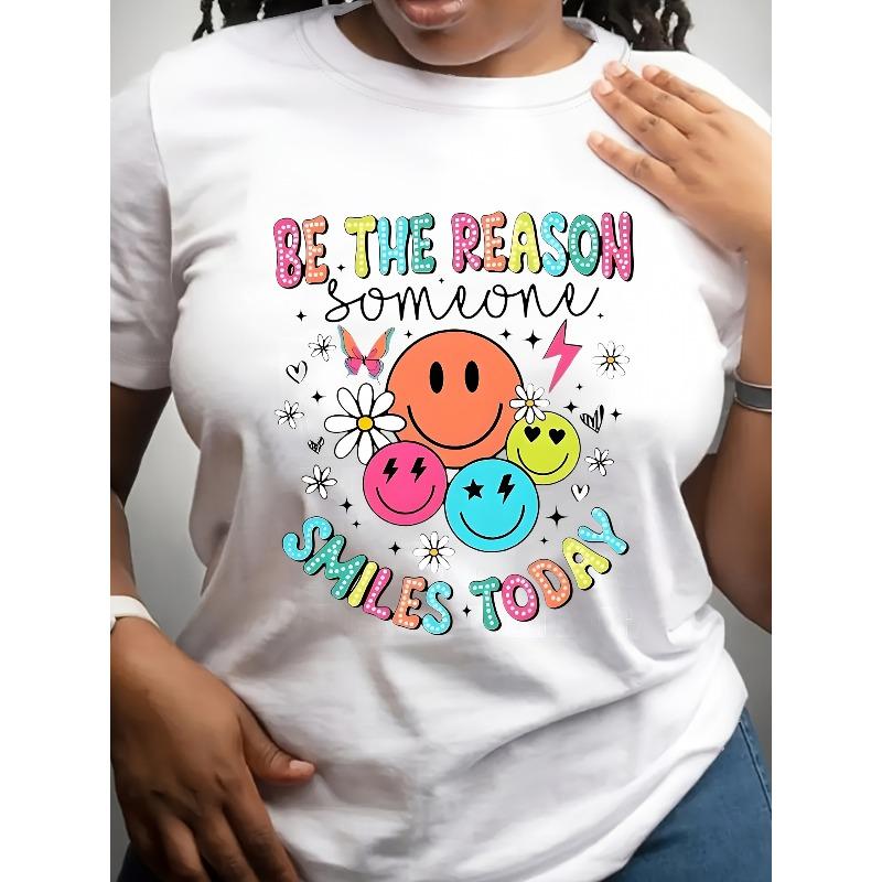 European sizes Become Someone S Smile Today Women S Graphic T-Shirt - Colorful joyful Face & Floral Design, Casual Short Sleeve Round Neck Top T-Shirt S