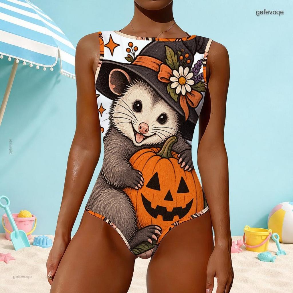 Women Plus Size One Piece Swimsuit High Round Neck Sleeveless Sloth Moon Printed