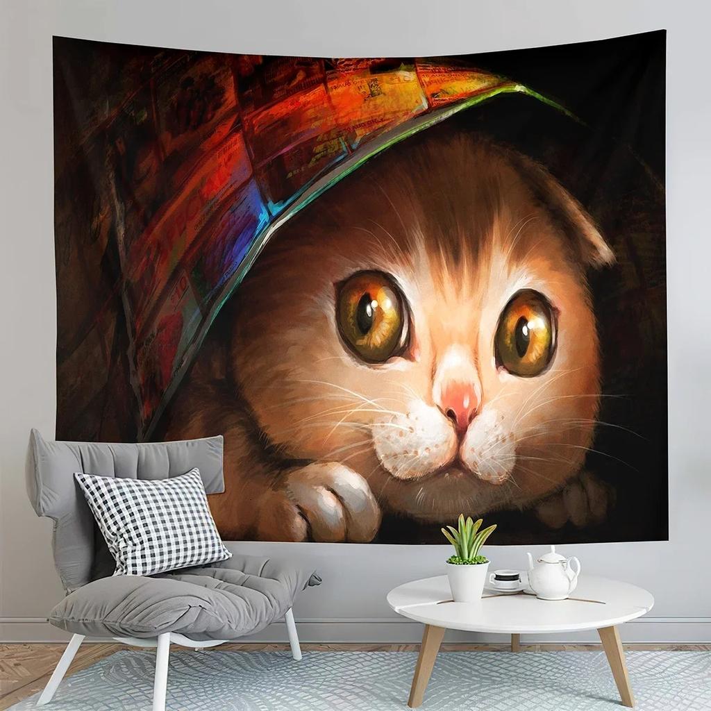 Wandteppich mit Cartoon-Motiv, süße Katze, für Zuhause, Wanddekoration, Wandteppich für Büro, Wohnzimmer