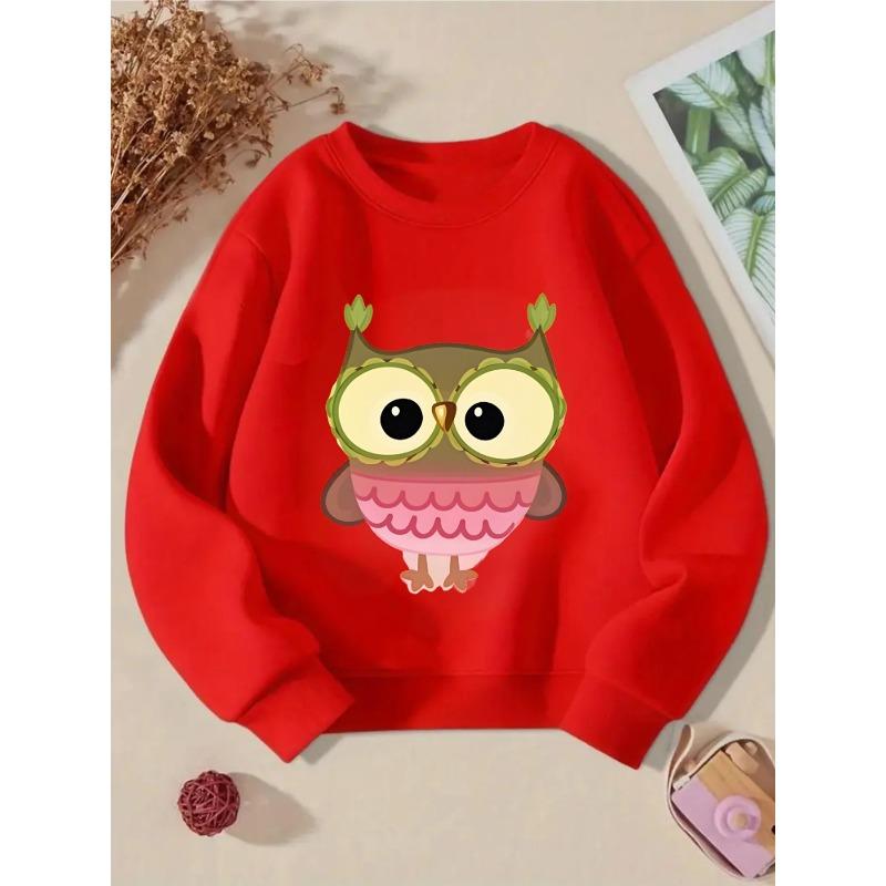 European Sizes Kids' Crewneck Sweatshirt - Cute Owl with Big Eyes And Pink Belly,Sportswear And Casual Wear, Soft And Comfortable, Children's Clothing