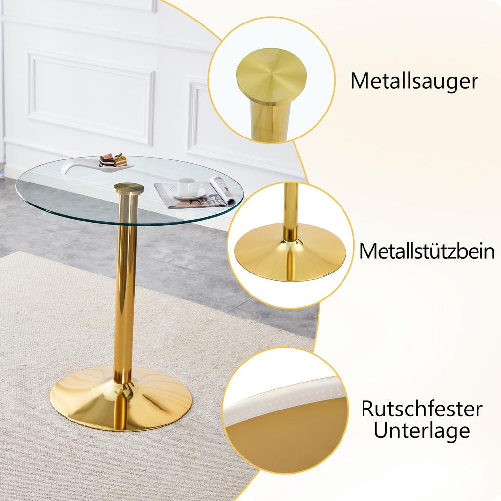 Flexible Bar Set: 89 cm Glass Table + 2 Stools with Gold-Colored Legs, Height-Adjustable & Rotatable.
