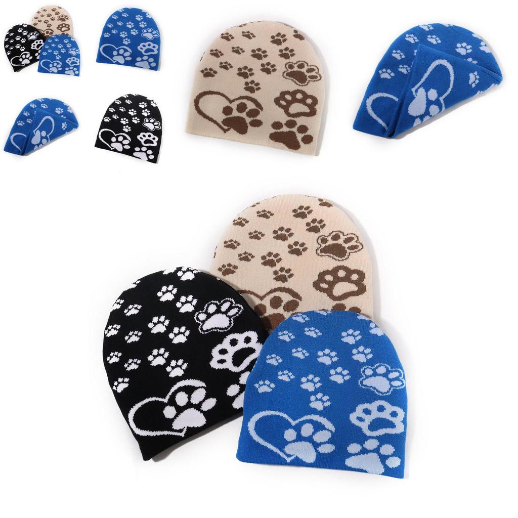 Knit Acrylic Hat With Paw Print Design For Casual Winter Wear And Outdoor Sports