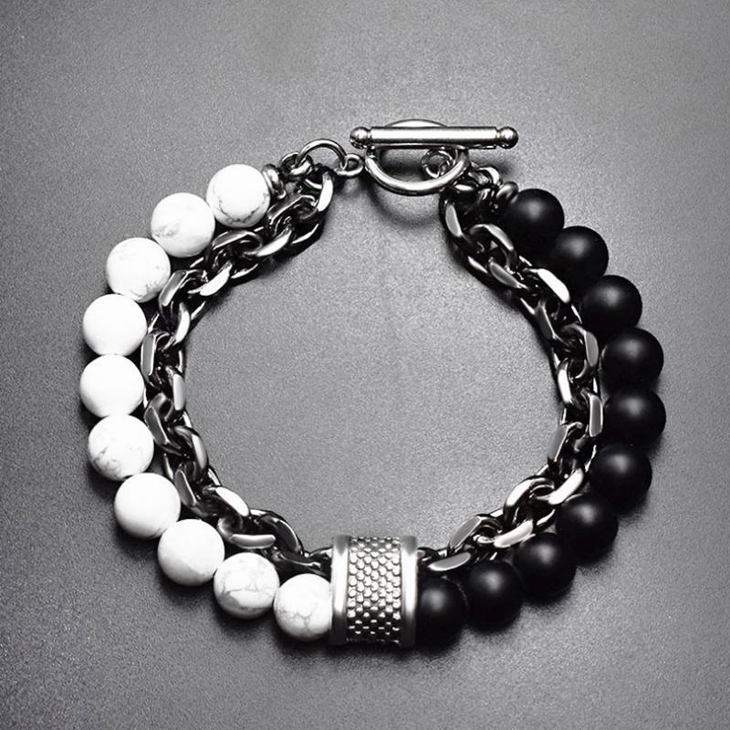

Natural Map Stone Men s Beaded Bracelet for women Stainless Steel Bracelets Male Jewelry Tiger eye bracelet 21cm