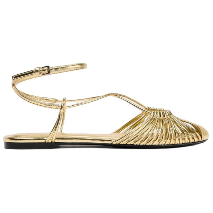 Zara Pu Vintage Open-Back Metallic Layer Effect Strap Casual Flats 1Cm Women Flats Gold 3550510253