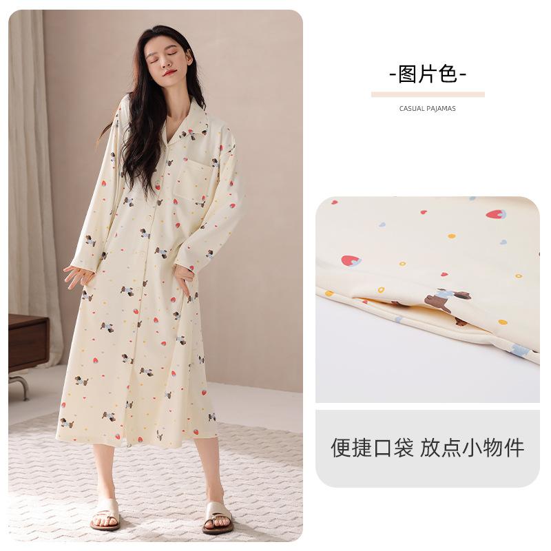 Pajama Women Spring And Autumn Cotton Long-Sleeved Pajama Skirt Sweet Cartoon Loose Large Size Can Be Worn Outside Loungewear