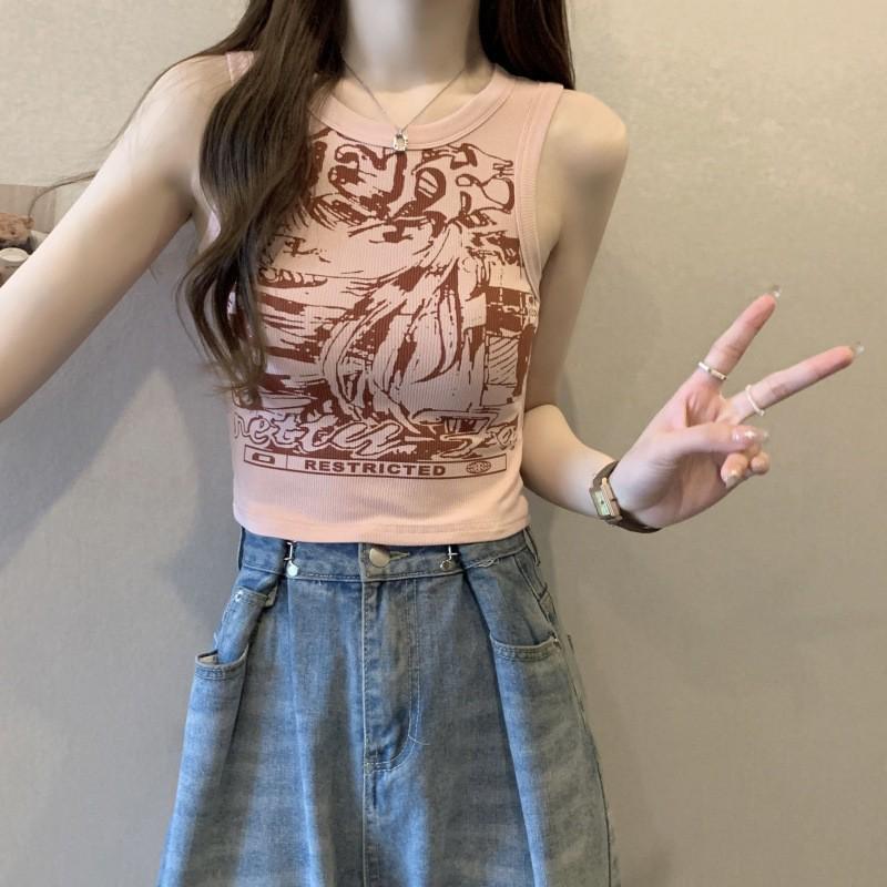 Amerikanisches scharfes Mädchen Rosa geripptes ärmelloses Tanktop - Sommer schlankmachendes Design mit breiten Trägern