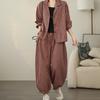 Retro Stripe Cotton Linen Suit Women's Autumn Temperament Casual Wide Leg Harem Pants Loose Oversized Set