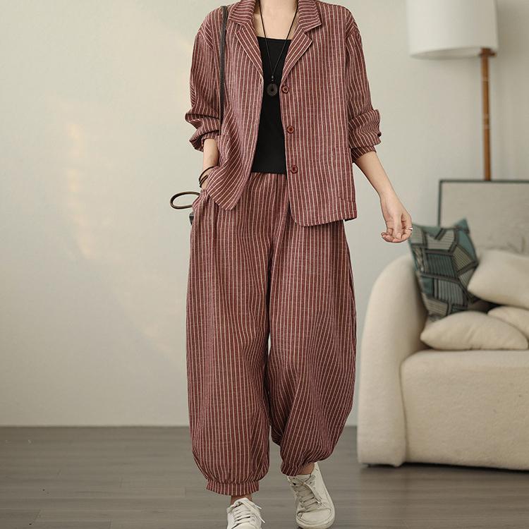 Retro Stripe Cotton Linen Suit Women's Autumn Temperament Casual Wide Leg Harem Pants Loose Oversized Set