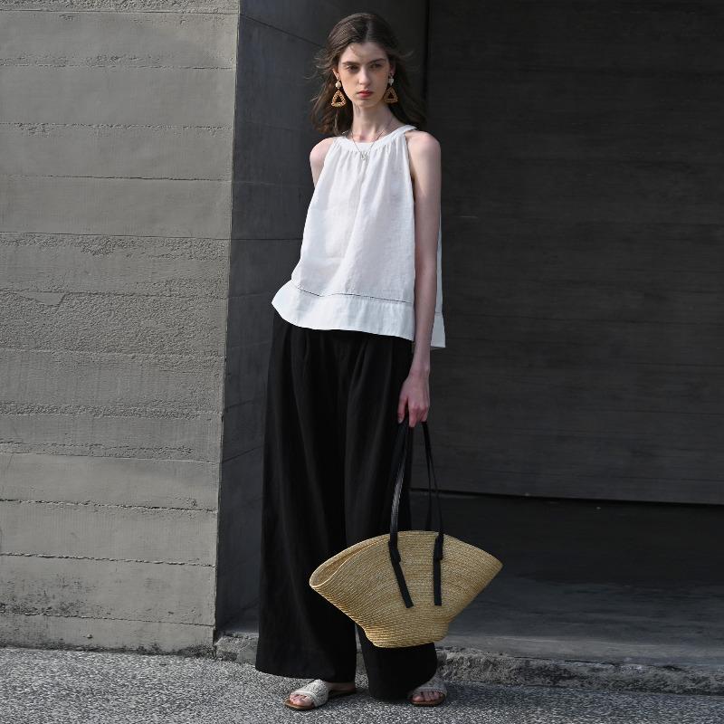 Women Pure Linen Halter Neck Sleeveless Top, French Style Round Neck A-line Summer Casual Breathable Tank
