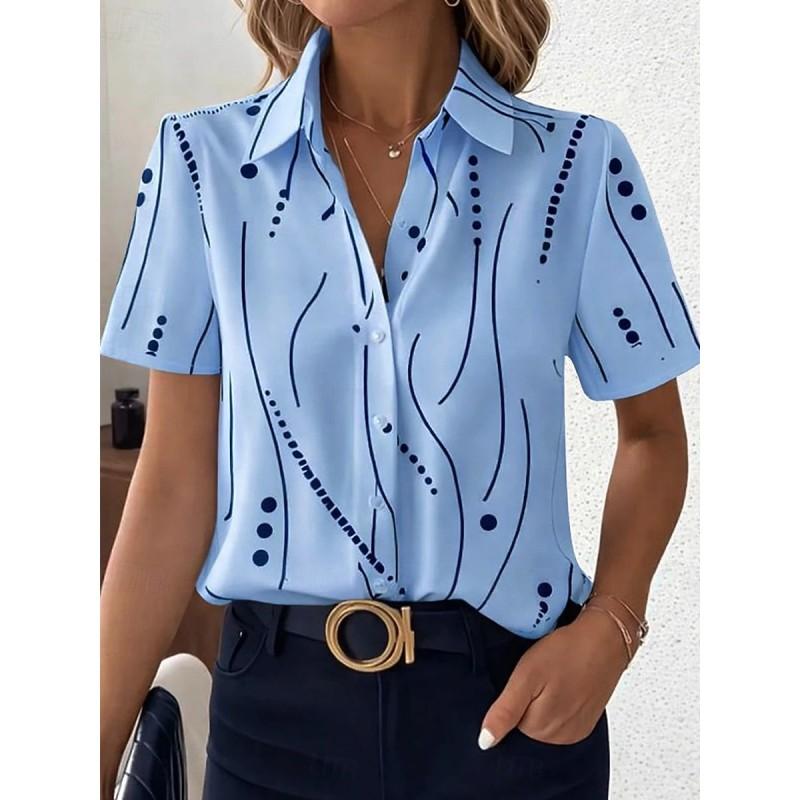 Womens Loose Fit Short Sleeve Printed Shirt Casual Vacation Style Collared Open Front Top