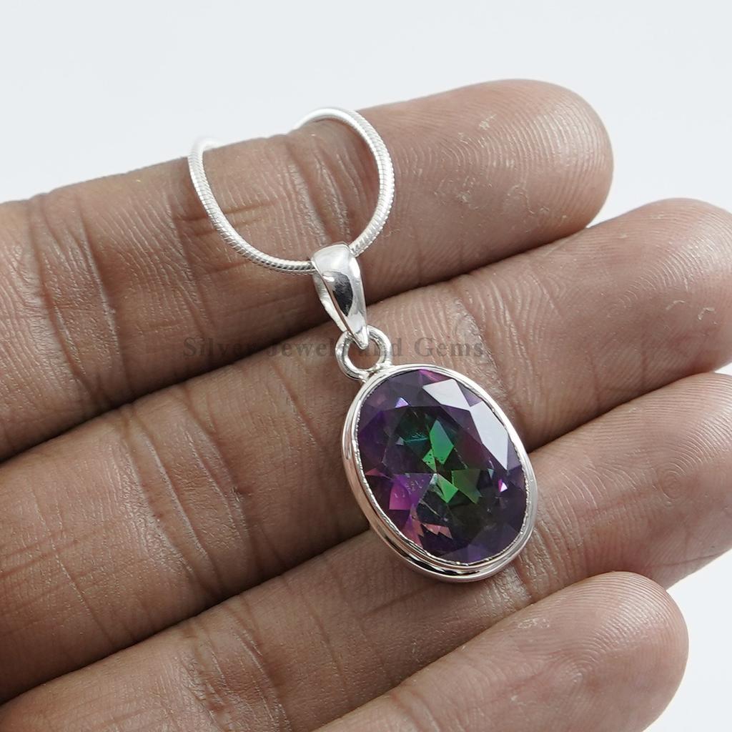 Mystic Topaz Pendant, 925 Sterling Silver Handmade Pendant, Gemstone Pendant, Gift for Sister, Oval Topaz Pendant