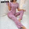GMXIA Women's Loungewear O-Neck Short Sleeve Long Pants Printed with Eye Mask 3 Piece Pajama Set