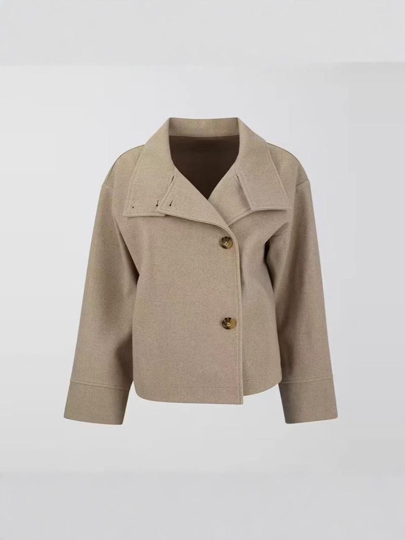 

Elegant Stand-up Collar Button Long-Sleeve Woolen Coat for Women - 2025 Autumn/Winter Collection Small хаки