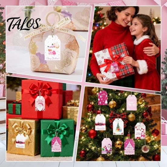 Decorative Paper Tags 60 Pcs Christmas Gift Tags, Pink Santa Snowman Hanging Labels Holiday Present Accessories with Hemp Rope for Winter Party