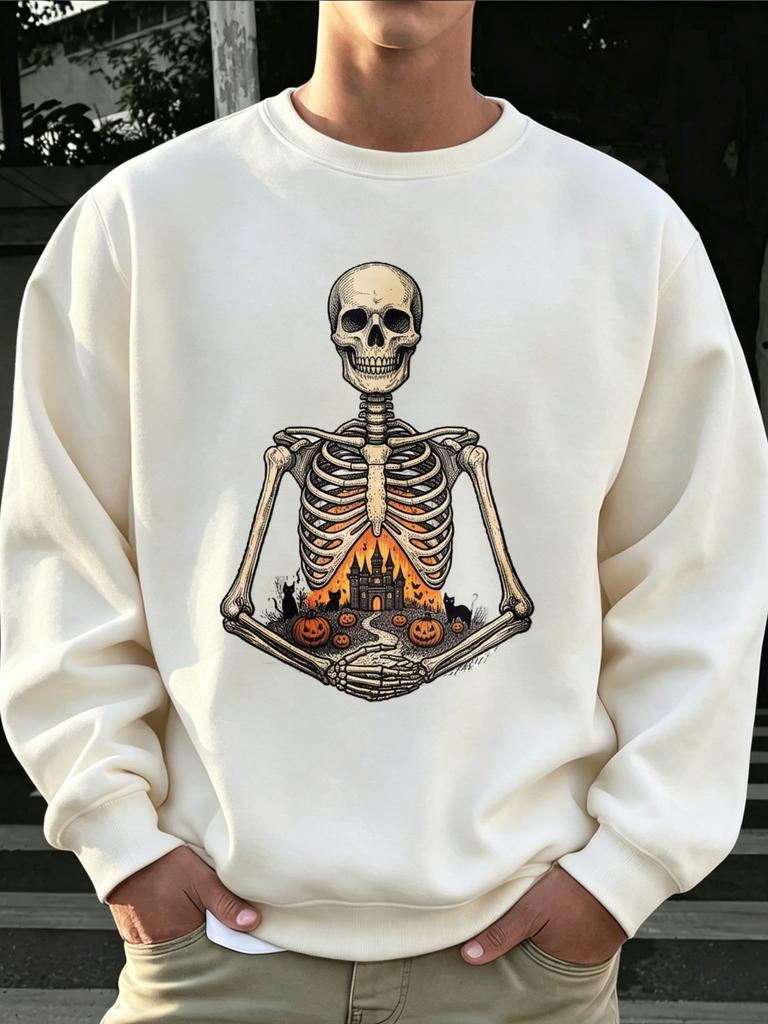 Men's Crew Neck Sweatshirt Rib Cage Haunted House Pumpkin Black Cat Bat Graphic Print Halloween Loose Long Sleeve Top All Season Wear