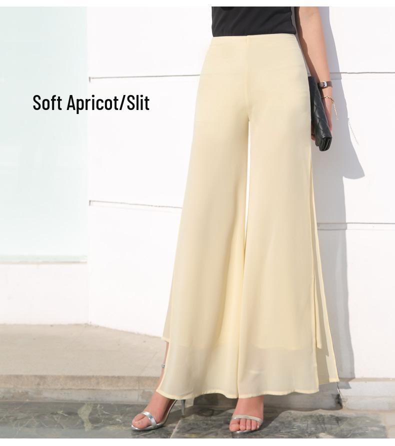 Šifonové culottes s vysokým pasem: Nadměrná velikost, Síťovina, Volné, Široké nohavice, Rovné, Rozparek, Ležérní palazzo kalhoty pro ženy.