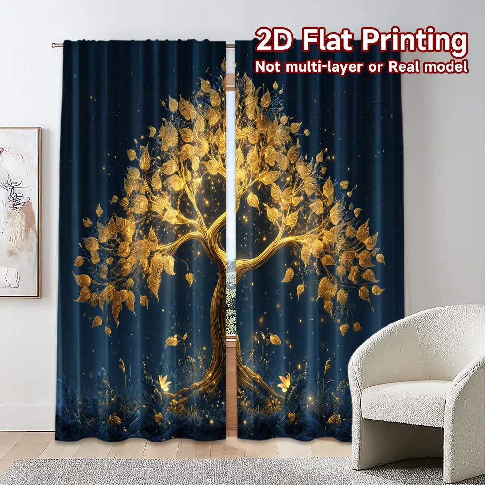 2pcs, 2D FLAT PRINTING Curtains (Without Rod) Golden Glow Tree Minimalist Popular Curtains Versatile Polyester Curtains