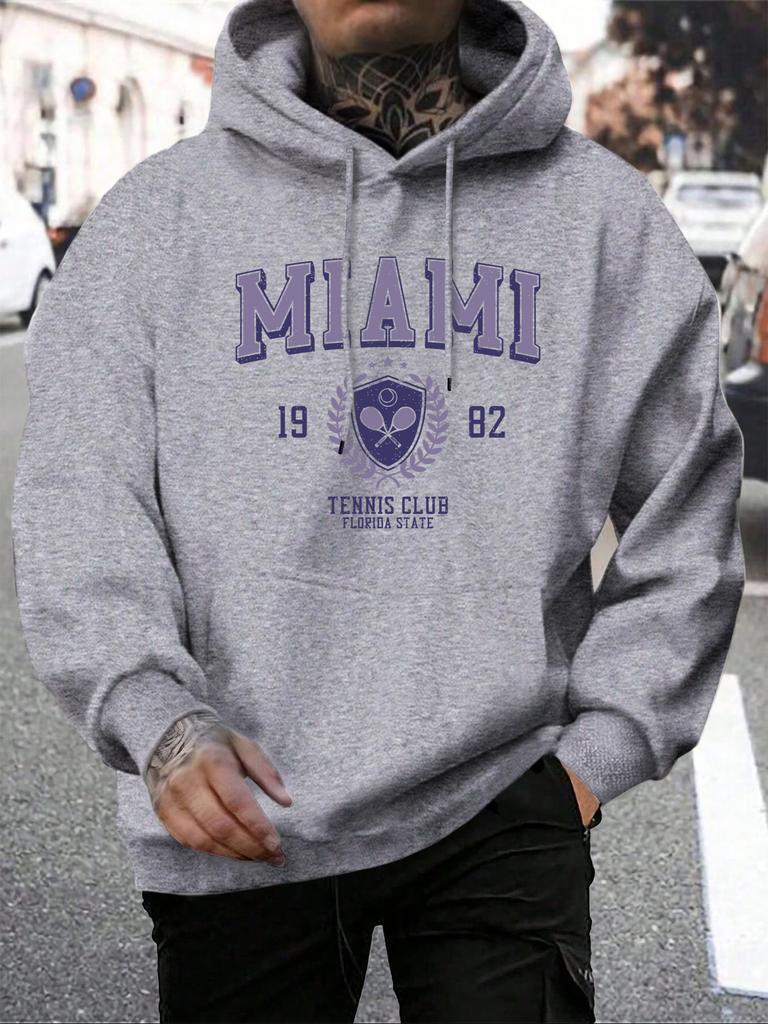 Miami 1982 Letter Print Pullover Men'S Fashion Quality Hooded Warm Casual Hoody Man Simple Loose Tops