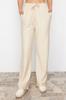 Women's Style Trousers Beige Thick Striped Straight Cut Stretch Trousers