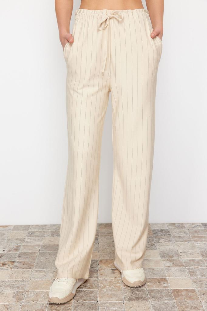 Women's Style Trousers Beige Thick Striped Straight Cut Stretch Trousers