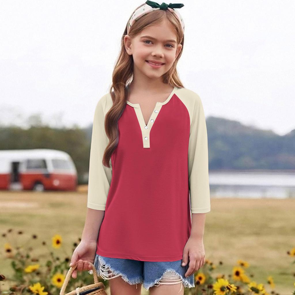 Print Tops For Youth Girls Round Neck 3/4 Sleeves T-Shirts Trendy Tops Outfit Tees