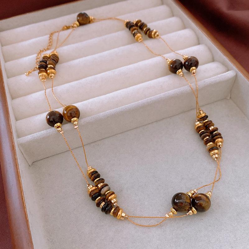 Maillard Vintage Oval Tiger Eye Long Necklace: Niche Light Luxury Sweater Chain for Women