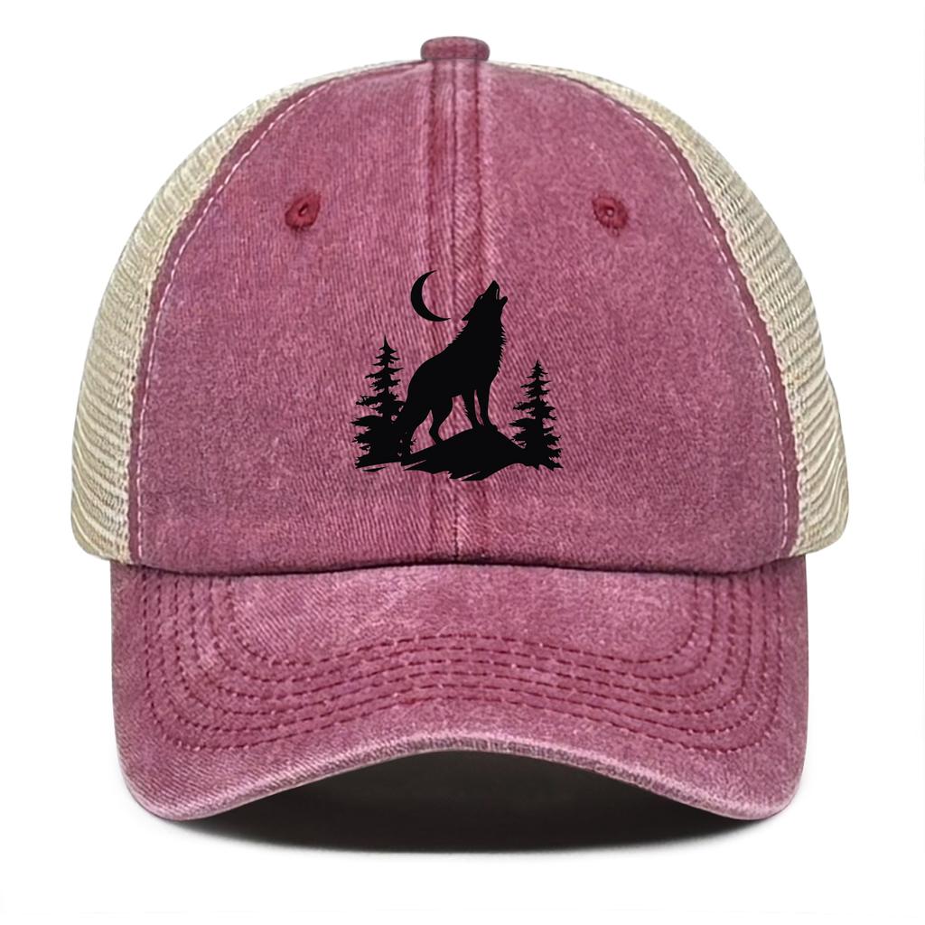 Howling Wolf Snapback Mesh Cap Forest Wolf Trucker Cap Solid Color Non-Stretch Fabric Adjustable Baseball Hat For Women & Men
