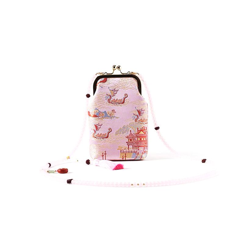 Chinese Style Mulberry Silk Kiss Lock Phone Bag - Ethnic Beaded Crossbody for Hanfu & Qipao