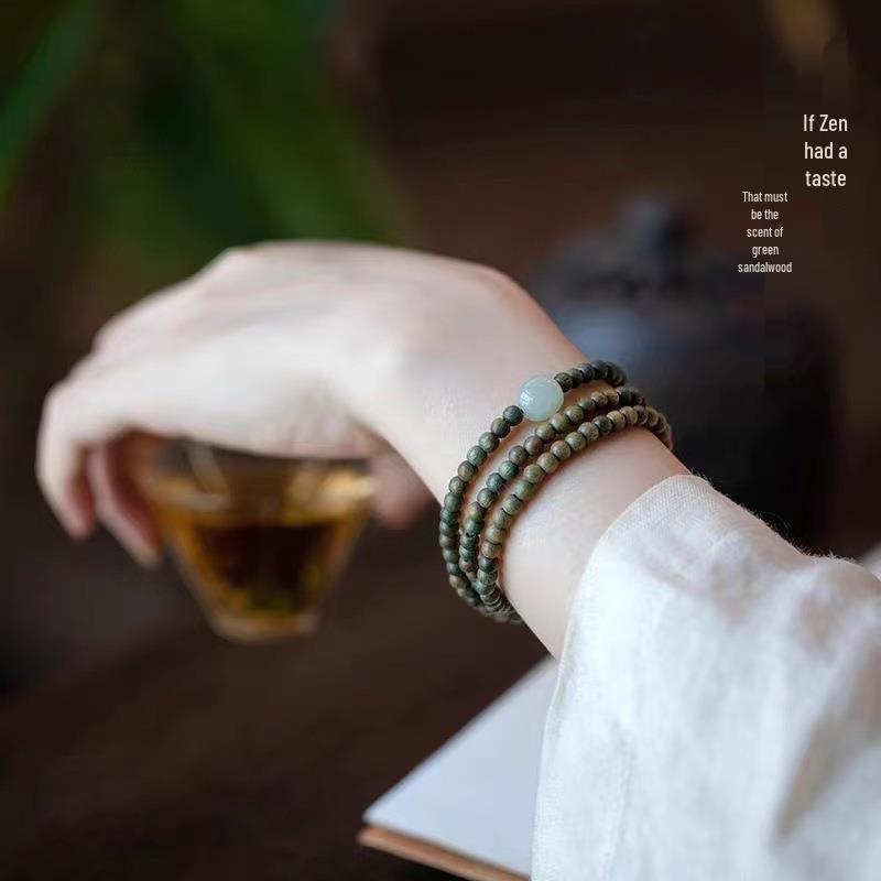 4mm Green Sandalwood & Hetian Jade Bead Bracelet - Ancient & Refined Buddhist Style for Women