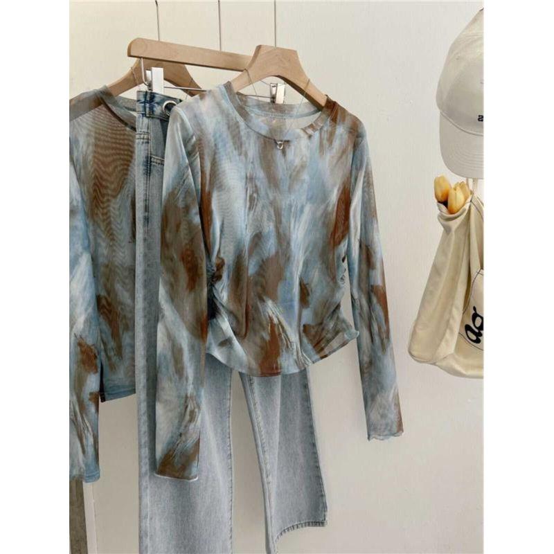 Self-Retained Best Selling Recommend ~ Tie-Dyed Mesh Shoulder Tops Women's Summer New Arrival Thin Breathable Lightweight Sun Protection Blouse
